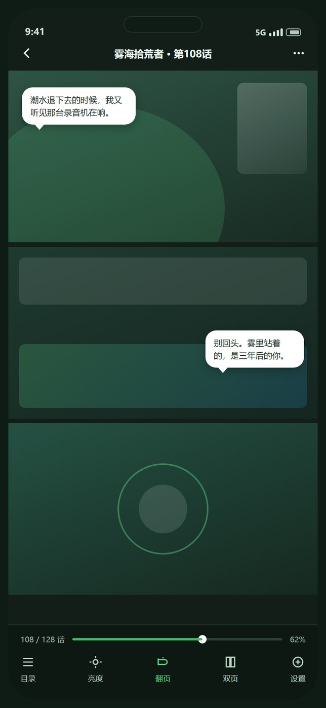 拷贝漫画阅读器深色界面示意图，包含漫画分镜与底部翻页工具栏