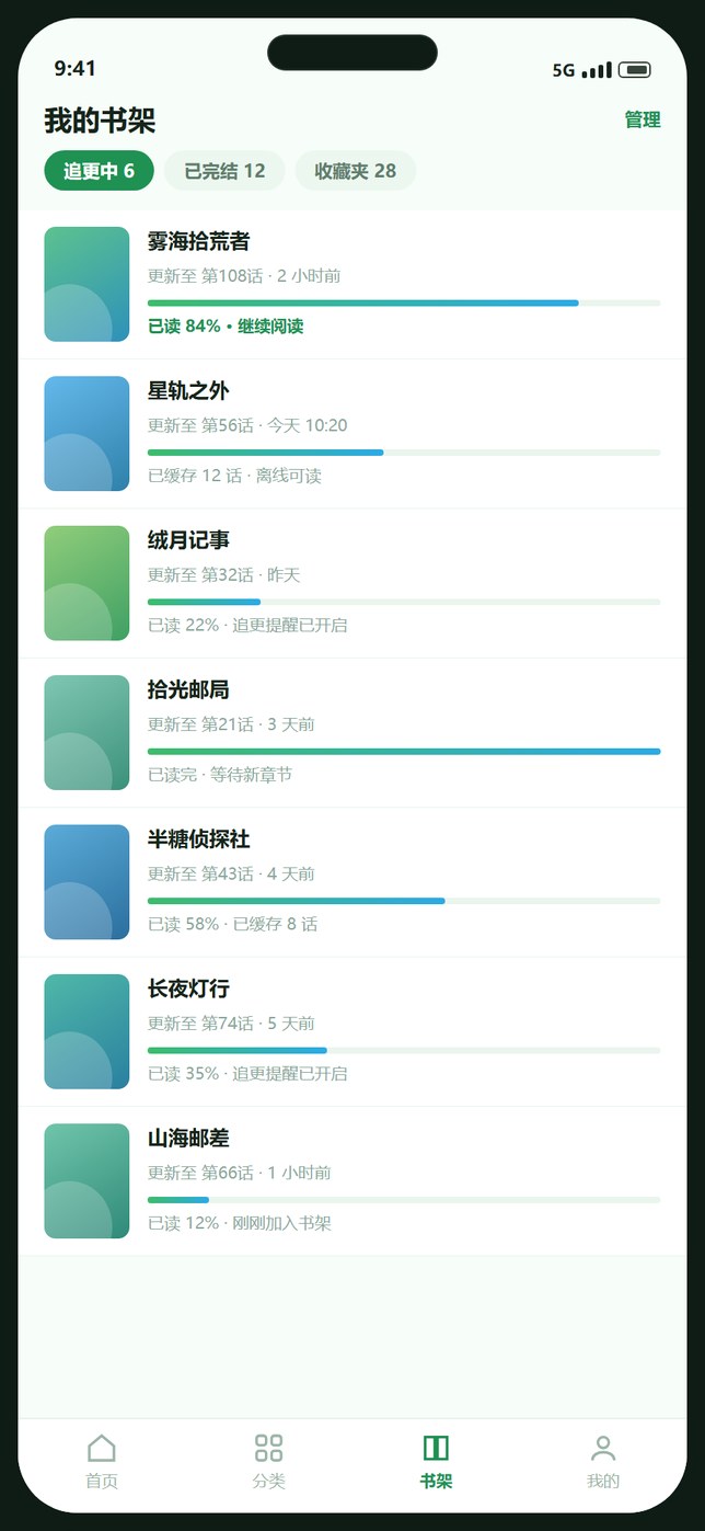 拷贝漫画书架界面示意图，展示追更中分组、阅读进度条与缓存状态